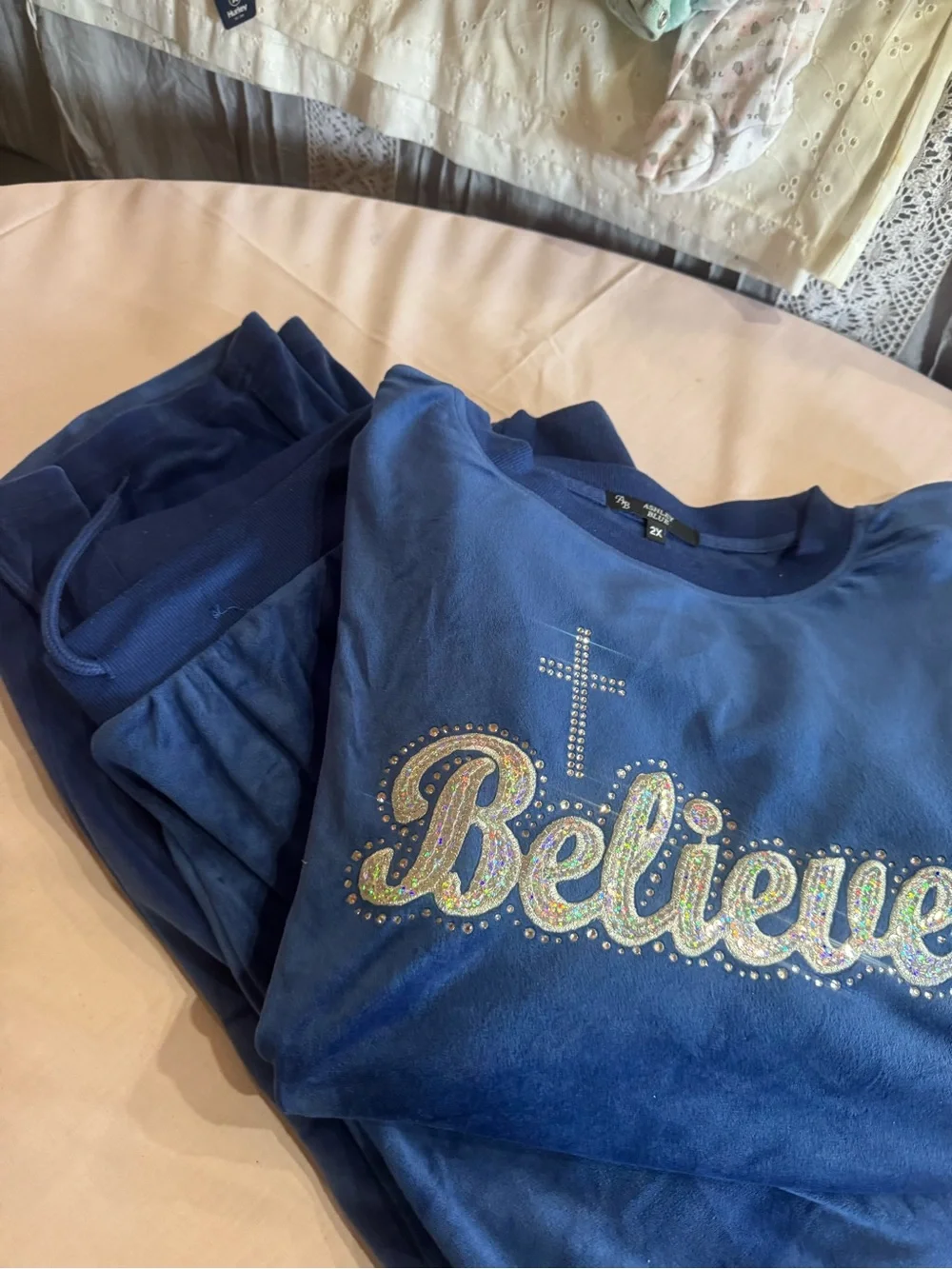 Ashley Blue velour Blue 'Believe' Embellished Lounge Set. Size 2x.